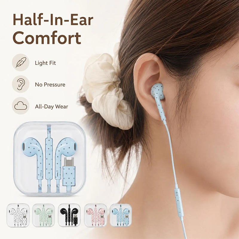 Cute Polka-dot Star Type C Ear - Wired Earphone Mic review and price